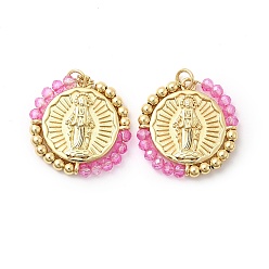 Темно-Розовый Подвеска из латуни, покрытая стойкой, со стеклом, долговечный, без свинца и без кадмия, круглые, темно-розовыми, 23.5x23x3 мм