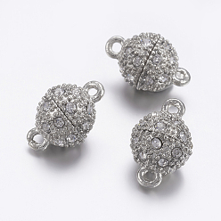 Platinum Alloy Magnetic Clasps with Loops, with Rhinestone, Round, Platinum, about 10mm in diameter, 17mm long, hole: 2mm