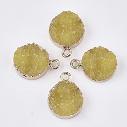 Light Khaki Electroplate Druzy Resin Pendants, with Iron Findings, Flat Round, Light Gold, Light Khaki, 17~18.5x13x6mm, Hole: 2mm