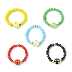 (52) Непрозрачная лаванда 5 шт. 5 цвета, стеклянные бусины, наборы эластичных колец на палец из бисера, улыбающееся лицо, бусы, кольца для женщин, разноцветные, внутренний диаметр: 18~18.5 мм, 1 шт / цвет