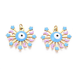 Сливовый 304 нержавеющей стальной эмали подвески, с целью перехода в кольце, реальный 18 k позолоченный, солнце со сглаза, ионное покрытие (ip), слива, 17.5x20x3~4 мм, отверстие : 2.5 мм