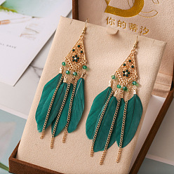 чирок Серьги-люстры из сплава ромбов со стразами, с пером, золотые, зелено-синие, 120 мм