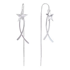 Platinum Anti-Tarnish Rhodium Plated 925 Sterling Silver Star with Chain Tassel Dangle Earrings, Long Drop Ear Thread for Women, Platinum, 75x14.5mm, Pin: 0.8mm