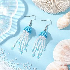 Темно-Голубой Серьги-подвески в виде медузы из стеклянного бисера с акриловыми бусинами и стеклянными жемчужинами круглой формы, с 304 нержавеющей стали серьги крючки, глубокое синее небо, 73x15 мм