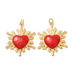 Real 18K Gold Plated Brass Pendants, with Red Enamel, Sacred Heart with Sunburst Charms, Rack Plating, Long-Lasting Plated, Lead Free & Cadmium Free, Real 18K Gold Plated, 30.5x25x4mm, Hole: 3mm