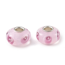 Misty Rose Lampwork & Brass Core European Beads, Large Hole Beads, Rondelle with Flower, Misty Rose, 15x7.5mm, Hole: 4mm