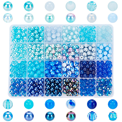 Blue 600Pcs 24 Style Round Beads Jewelry Making Finding Kit, Including Acrylic & Plastic Beads, Blue, 7.5~8mm, Hole: 1~2mm, 25pcs/color
