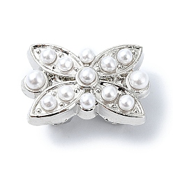 Platinum Rack Plating Brass Pendants, with Plastic Imitation Pearl  Beads, Long-Lasting Plated, Lead Free & Cadmium Free, Bowknot, Platinum, 16.5x11x4~7mm, Hole: 1.2mm