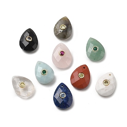 Смешанные камни Природные каменные смешанные подвески, граненые подвески-капли с золотистой латунной фурнитурой из микропаве из кубических цирконий, золотые, смешанные окрашенные и неокрашенные, 18x13x6.5~7 мм, отверстие : 1 мм