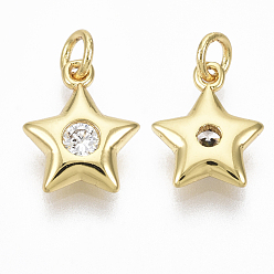 Real 18K Gold Plated Brass Micro Pave Cubic Zirconia Charms, with Jump Ring, Nickel Free, Star, Clear, Real 18K Gold Plated, 11x8.5x2.5mm, Hole: 2mm