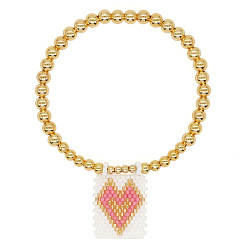 Белый Богемные стеклянные браслеты с подвесками из бисера, латунные круглые бусины эластичные браслеты для женщин, Прямоугольник с сердцем, золотые, белые, регулируемый