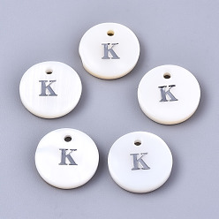 Letter K Natural Freshwater Shell Pendants, with Platinum Plated Iron Etched Metal Embellishments, Flat Round with Initial Letter, White, Letter.K, 11x2mm, Hole: 1.5mm