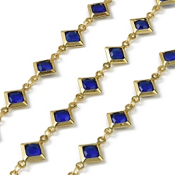 Синий Латунные стеклянные ромбовидные цепи, с катушкой, долговечный, пайки, без свинца и без кадмия, стойки покрытие, реальный 18 k позолоченный, синие, 15x9x2.5 мм