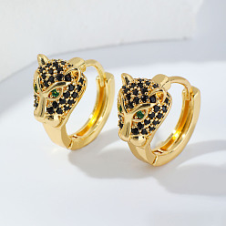 Черный Серьги-кольца из латуни с паве из кубического циркония, леопард, золотые, чёрные, 15x9 мм