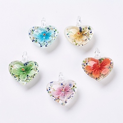Mixed Color Handmade Lampwork Pendants, Inner Flower, Heart, Mixed Color, 38x32x16mm, Hole: 6x7.5mm