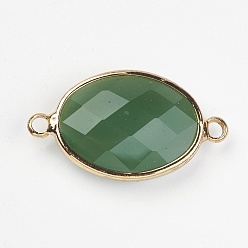 Морско-зеленый Соединители звеньев латуни стеклянные, имитация нефрита, граненые, овальные, золотой свет, цвета морской волны, 16x27x6 мм, отверстие : 2 мм