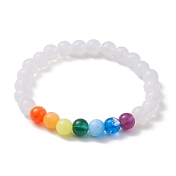 Farbig Stretch-Armbänder aus Acryl-Jade-Imitation, rund, mit Perlen für Damen, Farbig, Innendurchmesser: 2-3/8 Zoll (6.1 cm)