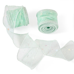 Aquamarine Polyester Deco Mesh Ribbons, Star Pattern, Tulle Fabric, Fancy Tulle Roll Spool Fabric For Skirt Making, Aquamarine, 2-1/8 inch(55mm)