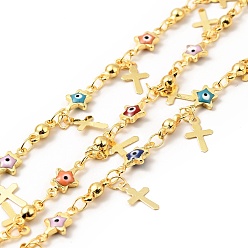 Colorful Enamel Star with Evil Eye Link Chains, with Real 18K Gold Plated Brass Cross Charms, Soldered, with Spools , Colorful, 11x5.5x2mm, 7.5x3x2.5mm
