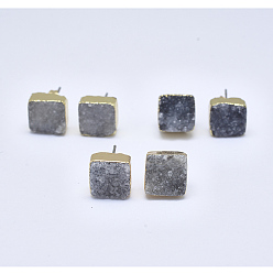 Gray Natural Dyed Druzy Quartz Stud Earrings, with Brass Findings, Square, Golden, Gray, 9~11x9~11x4~7mm, Pin: 0.7mm