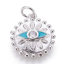 Платина Латунные подвески, с эмалью и фианитами, плоские круглые с глаз, прозрачные, платина, 17x15x3 мм, отверстие : 3.5 мм