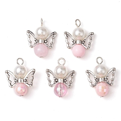 PeachPuff Imitation Pearl Acrylic Pendants, with Alloy Wings and Glass Beads, Angel, PeachPuff, 23x18x3mm, Hole: 3mm
