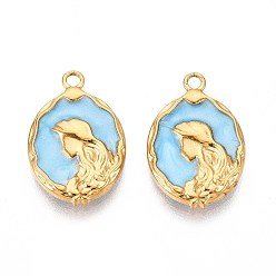 Светло-Голубой 304 подвески из нержавеющей стали, с эмалью, овал с подвеской в виде русалки, реальный 18 k позолоченный, ионное покрытие (ip), Небесно-голубой, 18x12x2.5 мм, отверстие : 1.5 мм