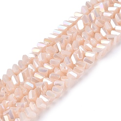 PeachPuff Electroplate Opaque Glass Beads Strands, Triangle, Faceted, AB Color Plated, PeachPuff, 2~3x3~3.5x3~3.5mm, Hole: 0.7~0.9mm, about 122~136pcs/strand, 10.43~11.61 inch(26.5~29.5cm)