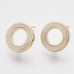 Real 18K Gold Plated Brass Stud Earring Findings, with Shell and Loop, Nickel Free, Ring, Creamy White, Real 18K Gold Plated, 12mm, Hole: 0.9mm, Pin: 0.7mm