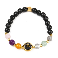 Скорпион 12 Знак зодиака натуральный черный обсидиан круглые бусины эластичные браслеты для мужчин и женщин, с синим песчаником и стеклом, Скорпион, внутренний диаметр: 2-3/8 дюйм (6 см)