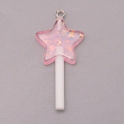 Pink Resin Pendants, with Platinum Tone Iron Loop and Paillette/Sequins, Plastic Handle, Star Lollipop, Pink, 42x20x7mm, Hole: 2mm