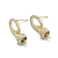 Golden Brass Stud Earring Findings, For Half Drilled Beads, with Micro Pave Cubic Zirconia, Clear, Golden, 20x7.5mm, Pin: 0.5mm