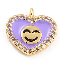 Lilac Golden Plated Brass Micro Pave Clear Cubic Zirconia Charms, with Enamel, Long-Lasting Plated, Heart with Smile Face, Lilac, 11x11.5x2.5mm, Hole: 1.2mm