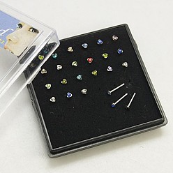 Mixed Color 304 Stainless Steel Heart Nose Studs Nose Bone Rings, Nose Piercing Jewelry, with Grade A Rhinestones, Mixed Color, 10mm, Bar Length: 1/4"(6.3mm), Pin: 20 Gauge(0.8mm), 24pcs/box