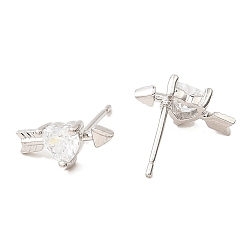 Clear Heart with Arrow Platinum Brass Stud Earrings, with Clear Cubic Zirconia, Long-Lasting Plated, Lead Free & Cadmium Free, Clear, 6x13mm