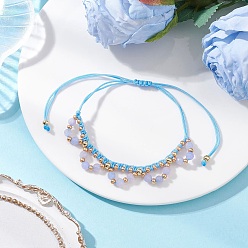 Светло-Синий Браслеты из цветочных стеклянных бусин и окрашенного натурального белого нефрита, Браслеты из нейлоновой нити плетеные для женщин, голубой, внутренний диаметр: 1-1/4~3-3/4 дюйм (3.15~9.4 см)