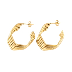 Real 18K Gold Plated Ion Plating(IP) 304 Stainless Steel Half Hoop Stud Earrings for Women, Hexagon, Real 18K Gold Plated, 0.98x0.30 inch(2.5x0.75cm)