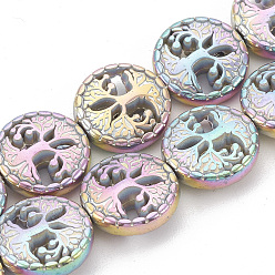 Rainbow Plated Electroplate Non-magnetic Synthetic Hematite Beads Strands, Flat Round with Tree of Life, Multi-color Plated, 12~12.5x4~4.5mm, Hole: 1mm, about 32pcs/strand, 16.14 inch