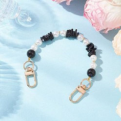 Black Onyx Натуральный черный оникс (окрашенный и нагретый) с кристаллами и круглыми искусственными жемчужинами из АБС-пластика, удлинительные цепочки для сумок, с поворотными застежками сплава, золотой свет, 204.5~210 мм