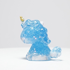 Аквамарин Фигурка единорога из смолы, украшение для дома, с натуральной крошкой аквамарина внутри витринного оформления, 60x50x30 мм