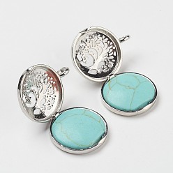 Синтетическая Бирюза Синтетические бирюзовые подвески, С выводами медальона из медных рассеивателей, плоские круглые с деревом, 31x25x8 мм, отверстие : 4 мм