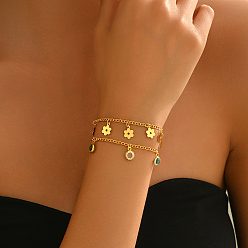 Золотой Латунные многорядные браслеты с цепочкой панциря, стеклянные плоские круглые и цветочные браслеты с подвесками для женщин, золотые, плоский круглый: 1/4 дюйм (0.7 см), цветок: 3/8 дюйм (0.9 см), внутренний диаметр: 6-3/4 дюйм (17 см)