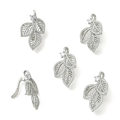 Platinum SHEGRACE Brass Micro Pave Clear Cubic Zirconi Twister Clasps, Leaf, Cadmium Free & Lead Free & Nickel Free, Platinum, 30x19x9mm, Hole: 3x2mm