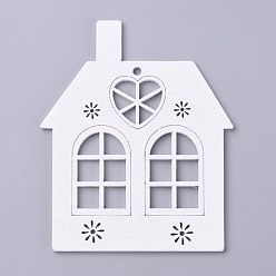 Белый Большие подвески из натурального дерева тополь, окрашеные, на Рождество, дом, белые, 78.5x65.5x2.5 мм, отверстие : 2.5 мм