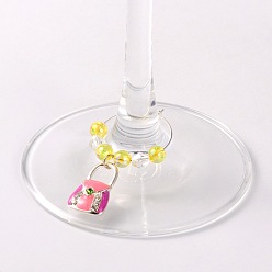 Yellow Alloy Enamel Mixed Color Handbag Wine Glass Charms, with Rhinestone, Transparent Acrylic Beads and Brass Hoop Earrings, Platinum, Yellow, 47mm, Pin: 0.7mm