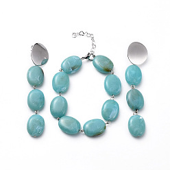 Средний Аквамарин Комплекты ювелирных изделий, браслеты и серьги, с акриловыми бусинами из искусственного камня, 304 выводы из нержавеющей стали и штифт с железной головкой, овальные, средний аквамарин, браслет: 7-5/8 дюйм (19.5 см), серьги: 86 mm, штифты : 0.8 мм