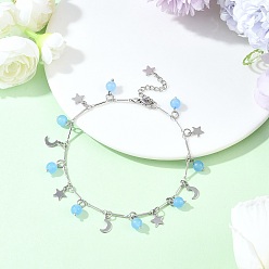 Синий 201 браслеты на ногу из латунной цепочки с подвесками в виде луны и звезды из нержавеющей стали и натурального окрашенного малайзийского нефрита, платины и нержавеющая сталь цвет, синие, 9-3/8 дюйм (238 мм)