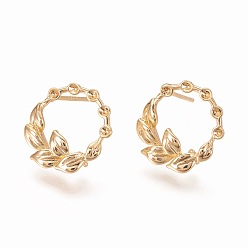 Real 18K Gold Plated Brass Ear Stud Components, Real 18K Gold Plated, Olive Branch, 13.5x14.5mm, Pin: 0.9mm