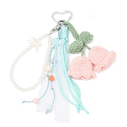 Pink Подвеска ручной работы из хлопковой пряжи с ландышами, круглыми бусинами из АБС-пластика и полиэстеровым шнуром, с алюминиевыми застежками-сердечками для ключей, розовые, 245~250 мм