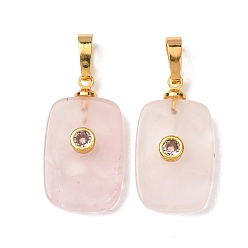 Розовый Кварц Природного розового кварца подвески, прямоугольные подвески с латунной микропаве кубическими цирконами, золотые, 25x13x5 мм, отверстие : 7x4 мм